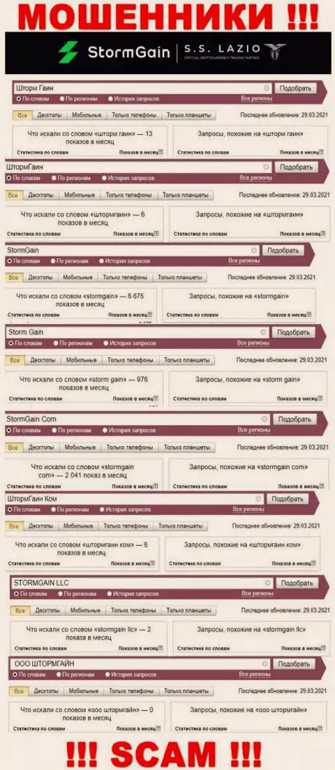 Статистические данные поисковых запросов по бренду Шторм Гейн