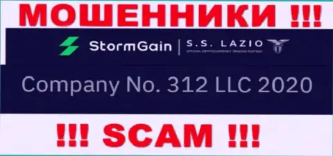 Номер регистрации StormGain Com, взятый с их официального онлайн-сервиса - 312 LLC 2020