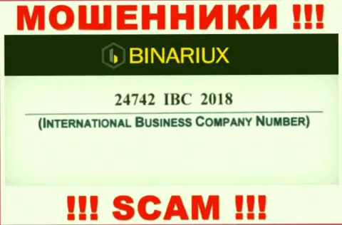 Binariux Net оказывается имеют регистрационный номер - 24742 IBC 2018
