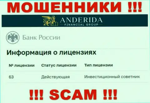 АндеридаГруп уверяют, что имеют лицензию от ЦБ Российской Федерации (информация с веб-портала обманщиков)