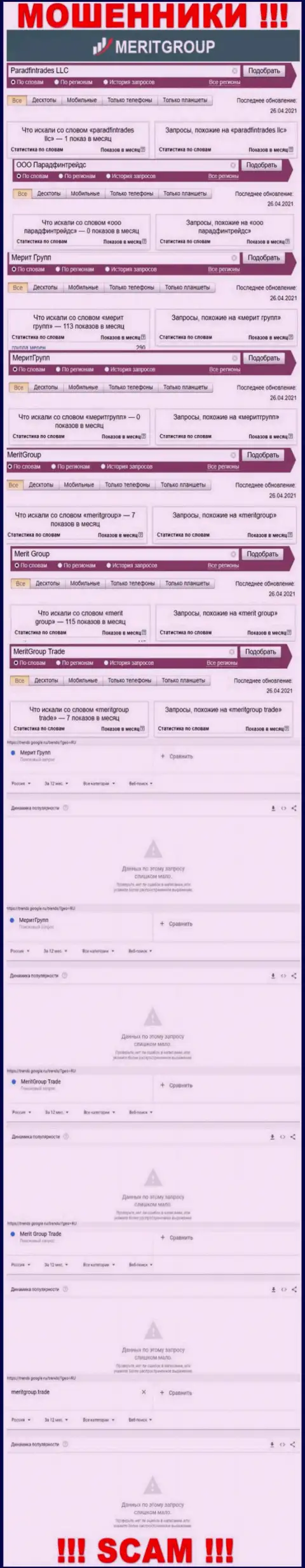 Число online-запросов данных о лохотронщиках Мерит Групп в интернет сети