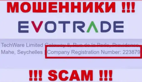 Не стоит работать с компанией EvoTrade, даже и при наличии номера регистрации: 223879