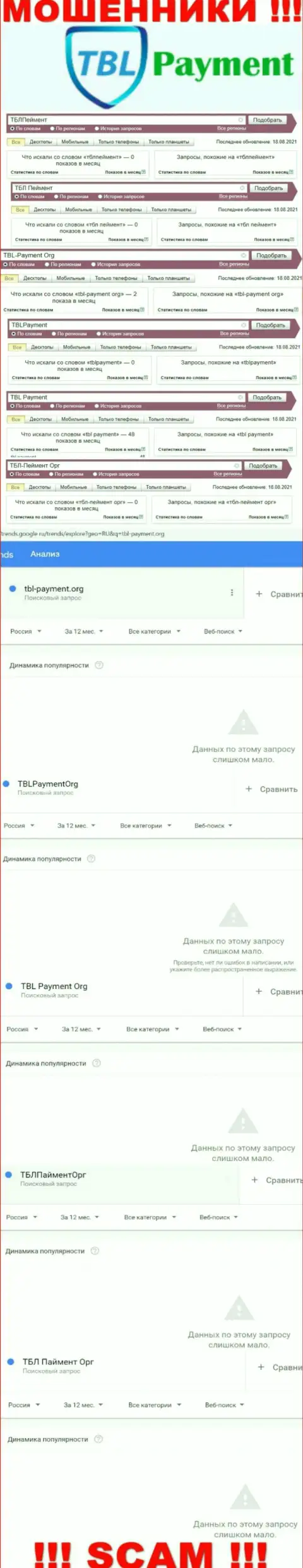 Суммарное число онлайн-запросов в интернет сети по бренду мошенников TBL Payment