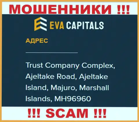 На интернет-ресурсе EvaCapitals Com размещен офшорный адрес конторы - Trust Company Complex, Ajeltake Road, Ajeltake Island, Majuro, Marshall Islands, MH96960, будьте крайне внимательны - это мошенники