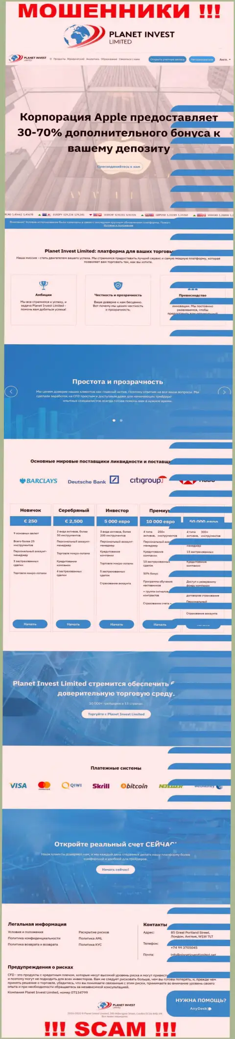 Официальный web-сайт PlanetInvestLimited - это красивая страница для завлечения потенциальных клиентов