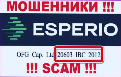 Esperio - регистрационный номер internet-махинаторов - 20603 IBC 2012