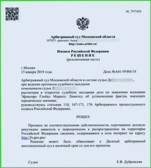 Решение Арбитражного суда Московской обл. по иску мошенников FxPro в отношении интернет-ресурса Fx-Pro Pro