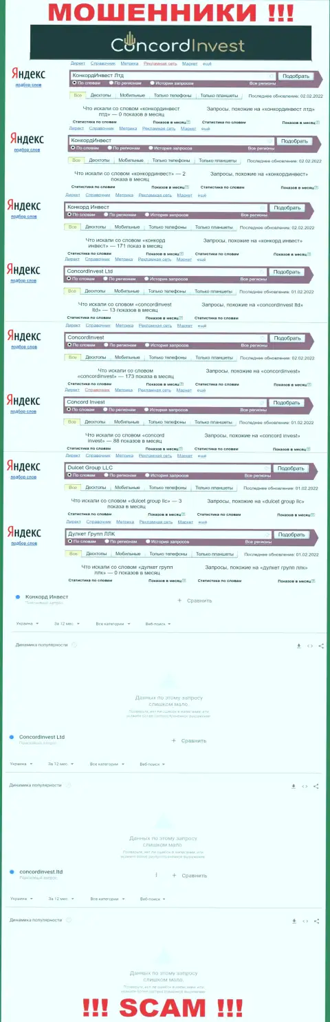 Аналитика поисковых запросов, относительно мошенников Concord Invest, во всемирной интернет паутине