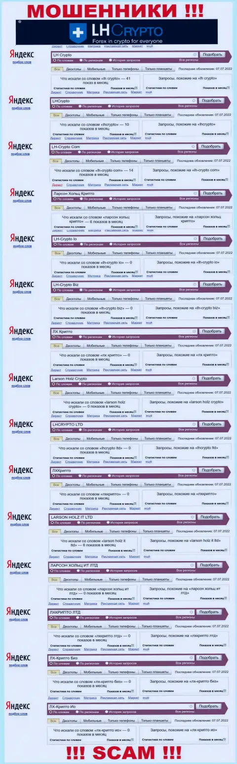 Запросы по бренду мошенников LHCrypto в поисковиках всемирной интернет паутины