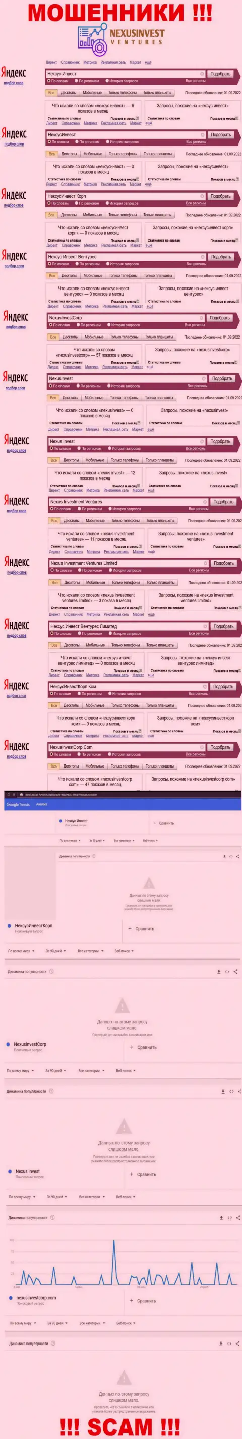 Статистические показатели брендовых онлайн запросов по мошеннической конторе Нексус Инвест