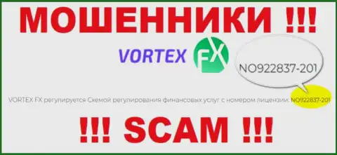 Именно эта лицензия приведена на официальном web-сервисе мошенников Vortex-FX Com