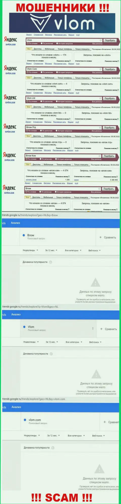 Подробный анализ количества online запросов в поисковиках всемирной паутины по мошенникам Влом Ком