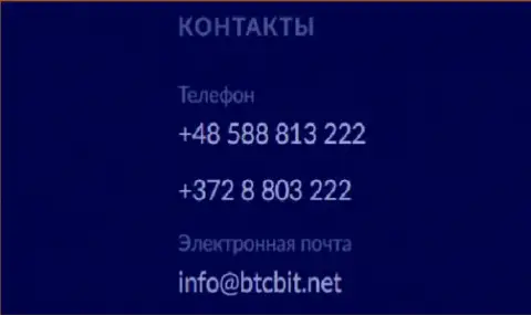 Телефон и адрес электронной почты компании БТК Бит